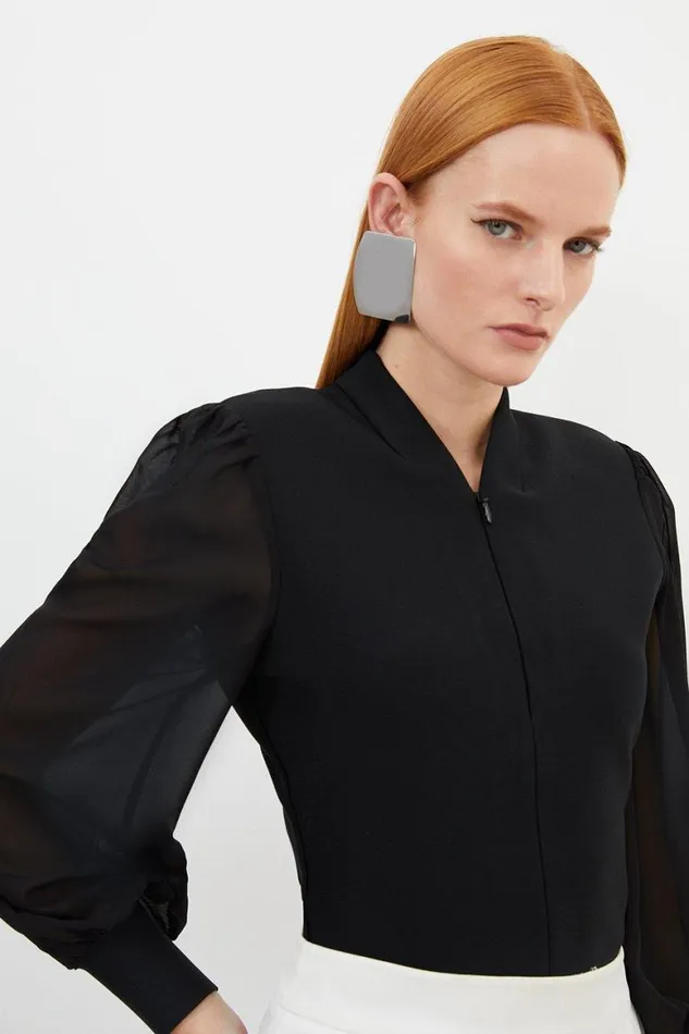 Tops Women Karen Millen Bandage Figure Form Zip Detail Chiffon Sleeve Knit Top Black