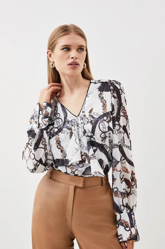 Tops Women Karen Millen Chain Print Draped Ruffle Top Mono
