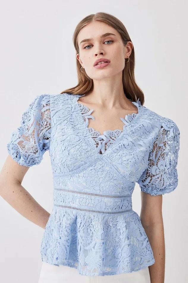 Tops Women Karen Millen Chemical Lace Puff Sleeve Detailed Top Blue