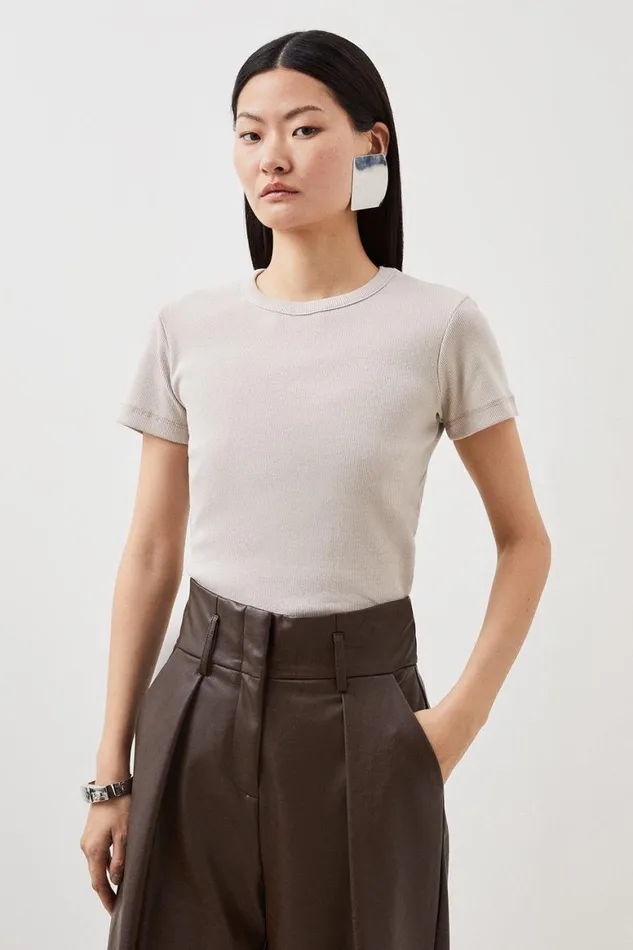 Tops Women Karen Millen Compact Jersey Short Sleeve Ribbed Top Neutral