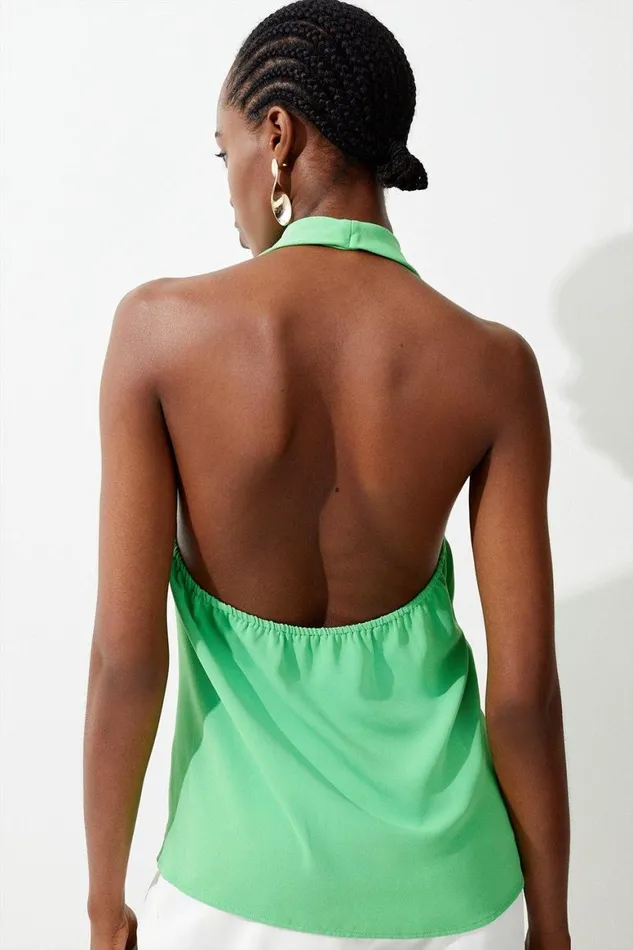 Tops Women Karen Millen Cowl Neck Halter Woven Crepe Top Green