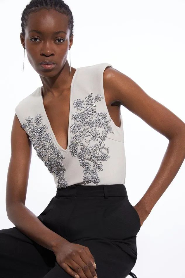 Tops Women Karen Millen Embellished Figure Form Bandage Knit Top Ecru