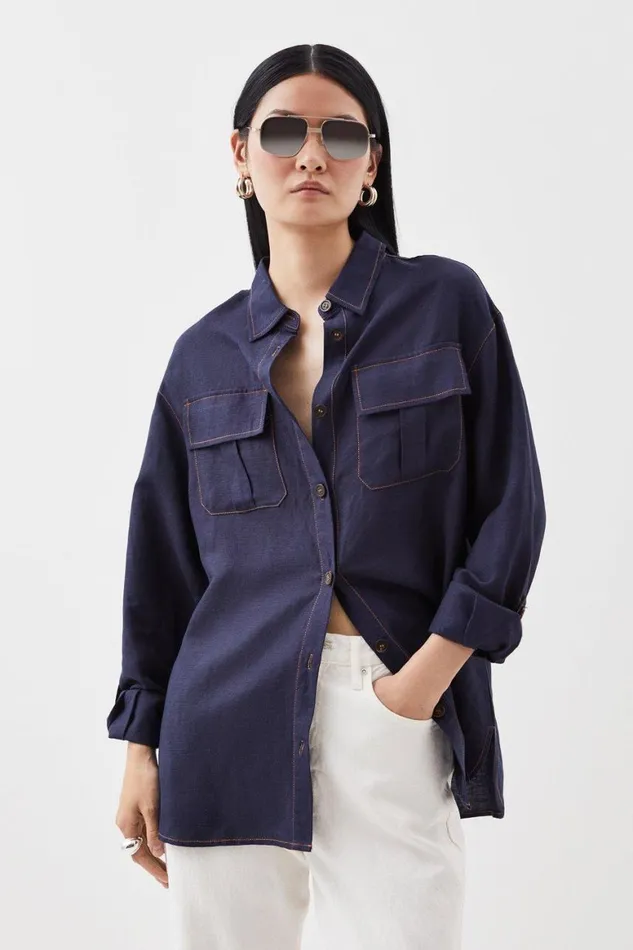 Tops Women Karen Millen Indigo Topstitch Viscose Linen Shirt Navy