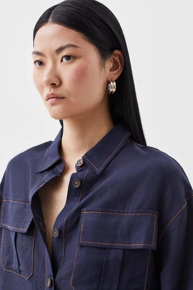 Tops Women Karen Millen Indigo Topstitch Viscose Linen Shirt Navy