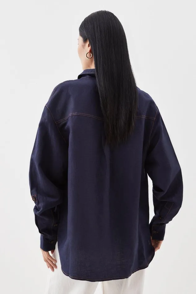 Tops Women Karen Millen Indigo Topstitch Viscose Linen Shirt Navy