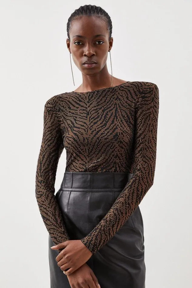 Tops Women Karen Millen Jersey Zebra Embellished Bodysuit Black