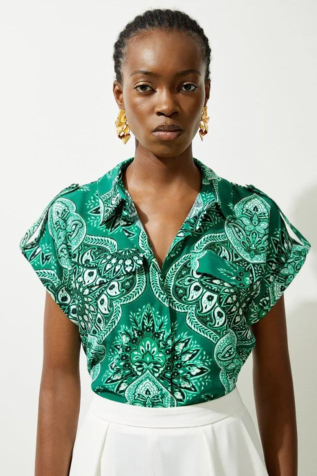 Tops Women Karen Millen Paisley Printed Morocain Woven Shirt Green