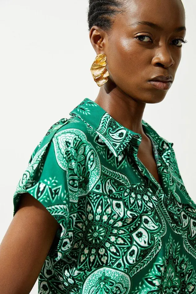 Tops Women Karen Millen Paisley Printed Morocain Woven Shirt Green