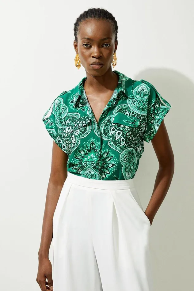 Tops Women Karen Millen Paisley Printed Morocain Woven Shirt Green