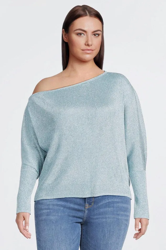 Tops Women Karen Millen Plus Size Viscose Blend Metallic Sparkle Knit Drop Shoulder Top Pale Blue Tops Women Karen Millen Plus Size Viscose Blend Metallic Sparkle Knit Drop Shoulder Top Pale Blue
