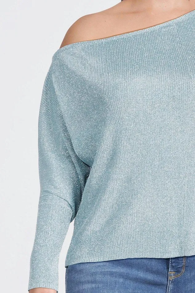 Tops Women Karen Millen Plus Size Viscose Blend Metallic Sparkle Knit Drop Shoulder Top Pale Blue