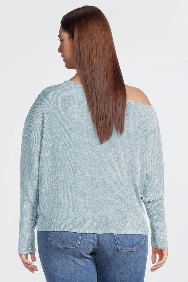 Tops Women Karen Millen Plus Size Viscose Blend Metallic Sparkle Knit Drop Shoulder Top Pale Blue