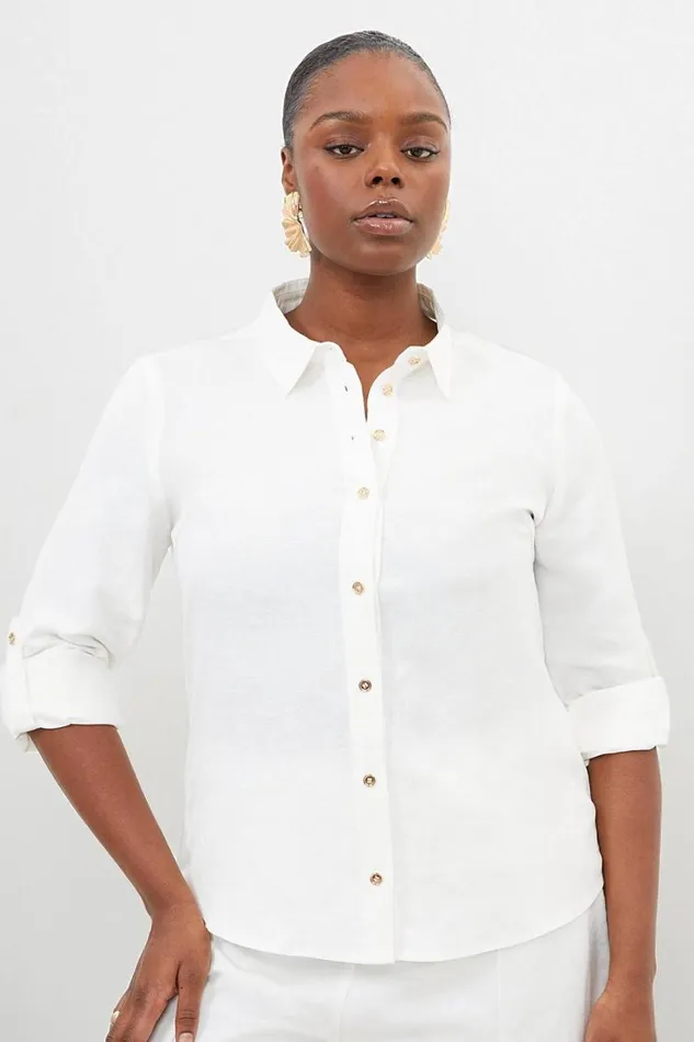 Tops Women Karen Millen Plus Size Viscose Linen Woven Button Detail Shirt White Tops Women Karen Millen Plus Size Viscose Linen Woven Button Detail Shirt White
