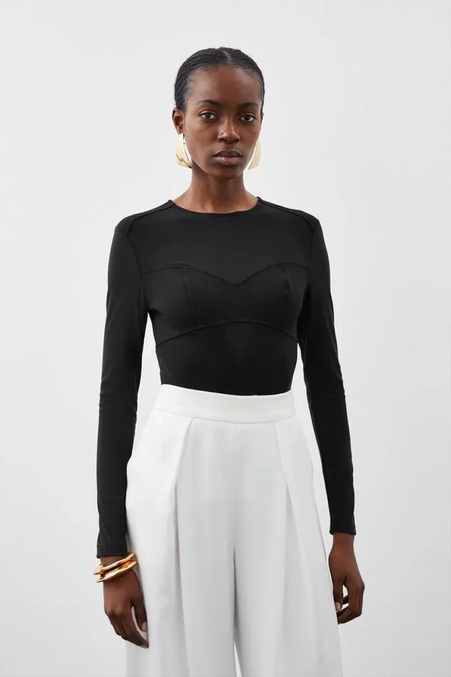 Tops Women Karen Millen Ponte And Power Mesh Bodysuit Black