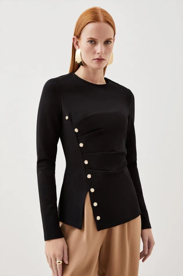 Tops Women Karen Millen Ponte Tuck Long Sleeve Top Black