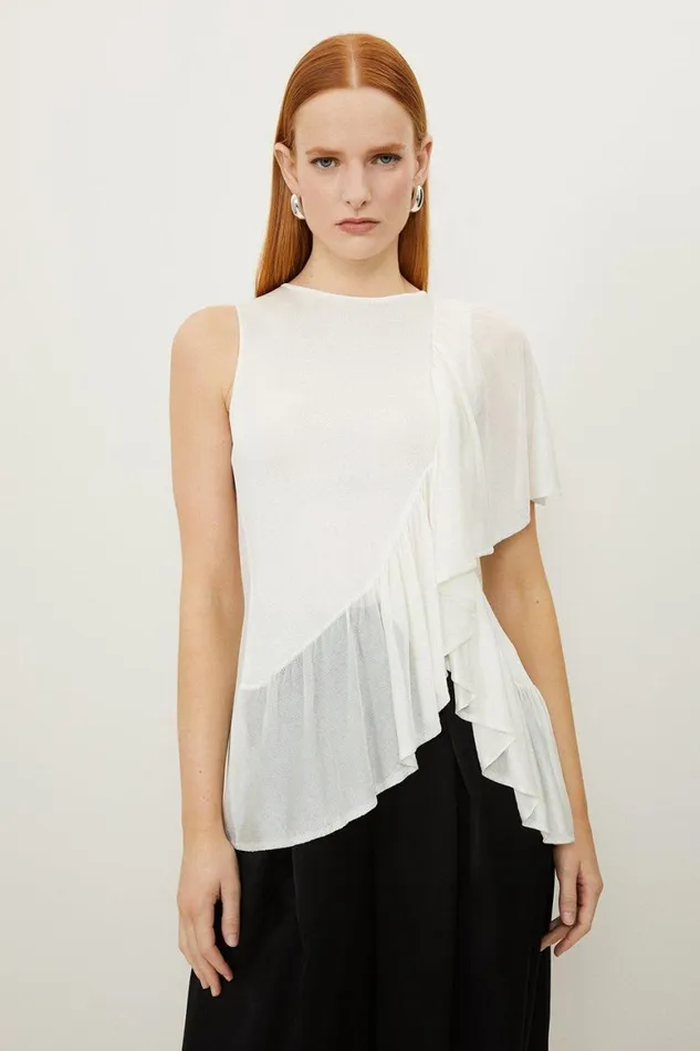Tops Women Karen Millen Slinky Viscose Blend Knit Mix Ruffle Top Cream