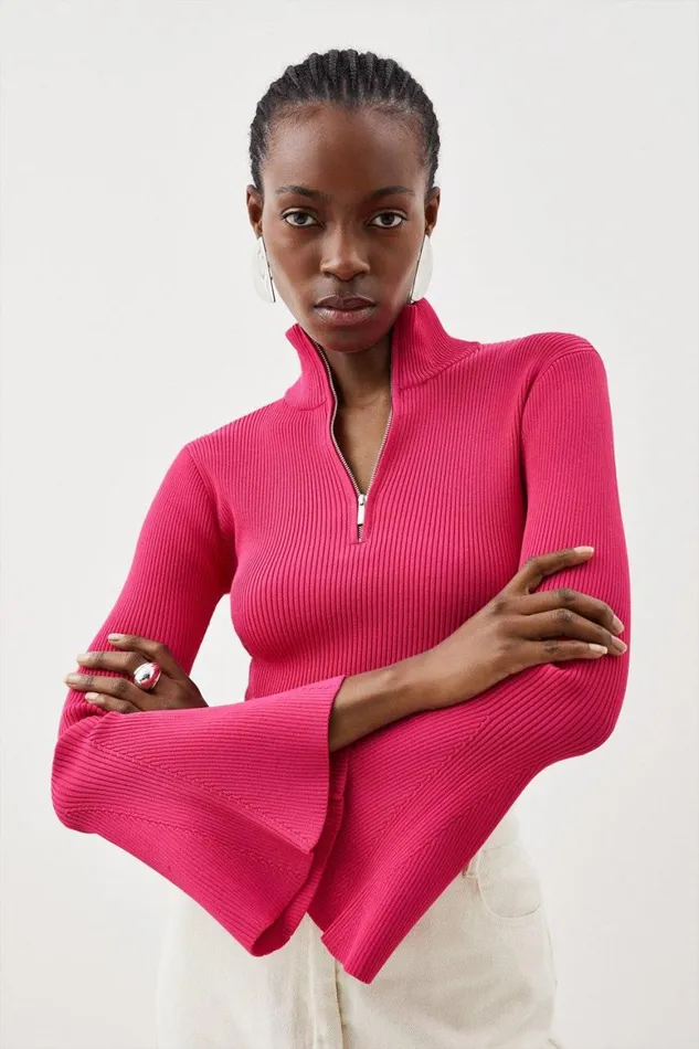 Tops Women Karen Millen Viscose Blend Rib Knit Half Zip Bell Sleeve Top Fuchsia Tops Women Karen Millen Viscose Blend Rib Knit Half Zip Bell Sleeve Top Fuchsia