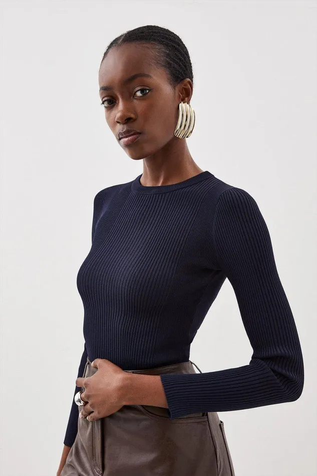 Tops Women Karen Millen Viscose Blend Rib Knit Long Sleeve Top Navy