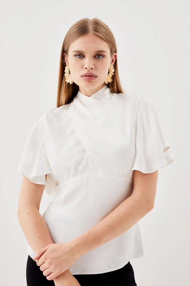 Tops Women Karen Millen Viscose Satin Angel Sleeve Woven Blouse