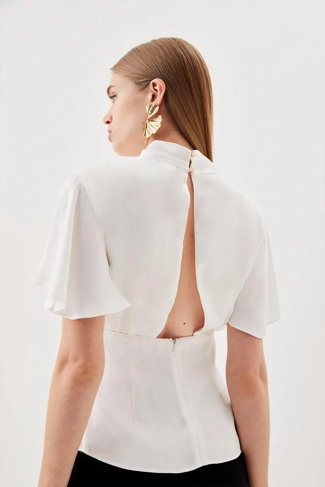 Tops Women Karen Millen Viscose Satin Angel Sleeve Woven Blouse