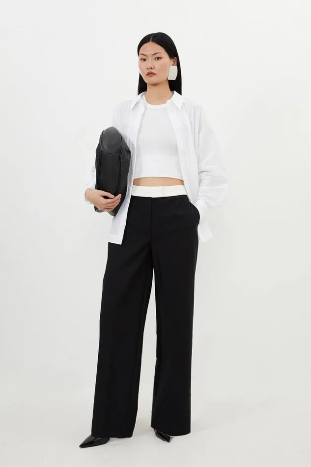 Trousers Women Karen Millen Contrast Waistband Techno Cotton Woven Wide Leg Trouser Black Trousers Women Karen Millen Contrast Waistband Techno Cotton Woven Wide Leg Trouser Black