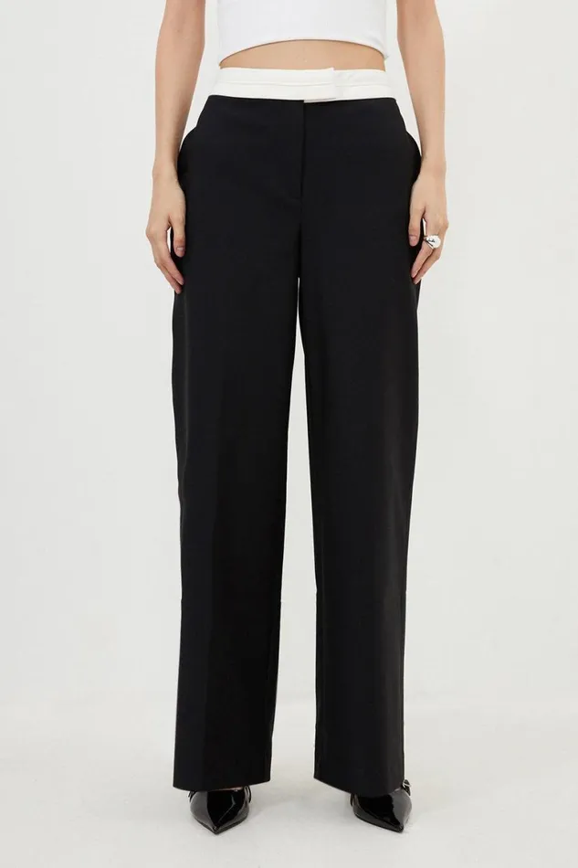 Trousers Women Karen Millen Contrast Waistband Techno Cotton Woven Wide Leg Trouser Black