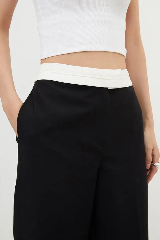 Trousers Women Karen Millen Contrast Waistband Techno Cotton Woven Wide Leg Trouser Black
