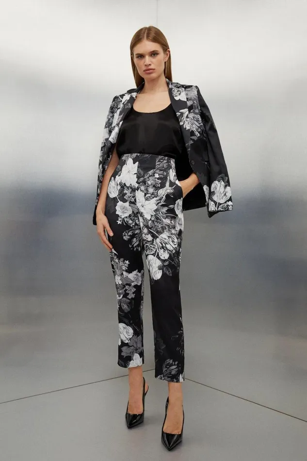 Trousers Women Karen Millen Italian Structured Satin Floral Bloom Printed Trousers Mono Trousers Women Karen Millen Italian Structured Satin Floral Bloom Printed Trousers Mono