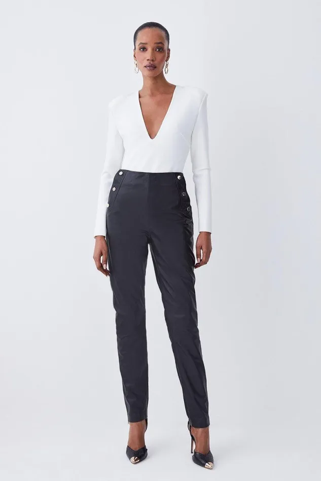 Trousers Women Karen Millen Leather Button Pocket Detail Zip Hem Slim Leg Black