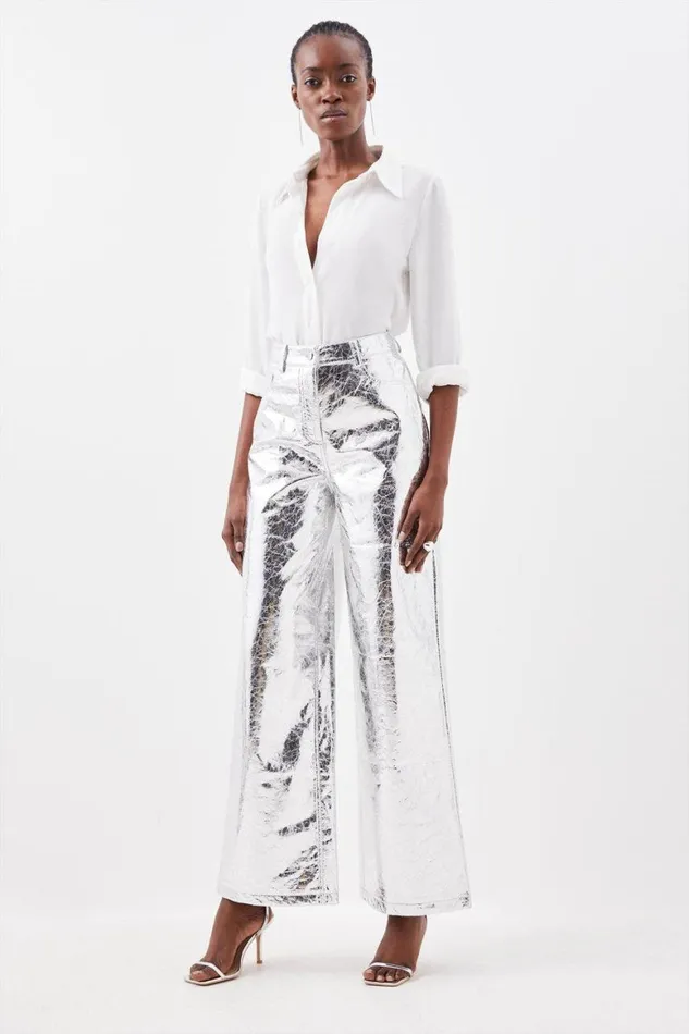 Trousers Women Karen Millen Metallic Faux Leather Wide Leg Trousers Silver
