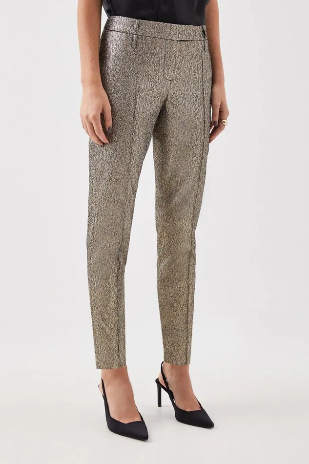Trousers Women Karen Millen Petite The Founder Metallic Jacquard Leg Tailored Trousers Gold