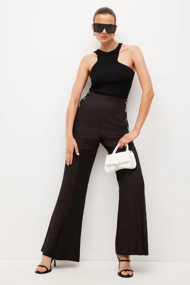 Trousers Women Karen Millen Tailored Linen Blend Button High Waist Trousers Black Trousers Women Karen Millen Tailored Linen Blend Button High Waist Trousers Black
