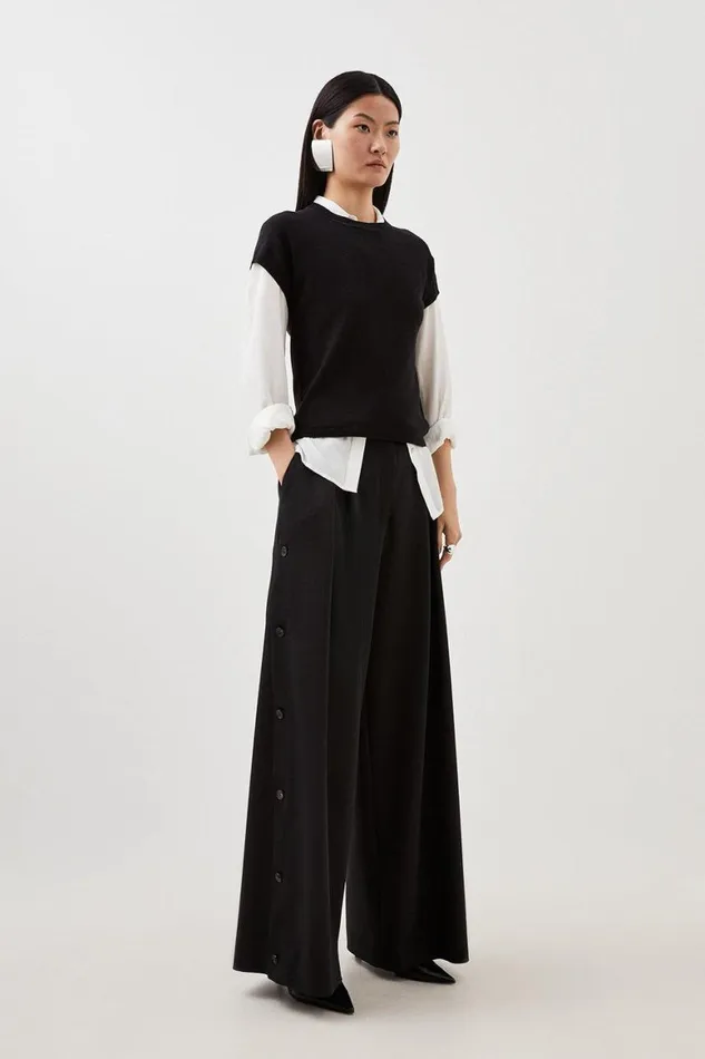 Trousers Women Karen Millen Viscose Linen Tailored Pleated Button Detail Straight Leg Trousers Black Trousers Women Karen Millen Viscose Linen Tailored Pleated Button Detail Straight Leg Trousers Black