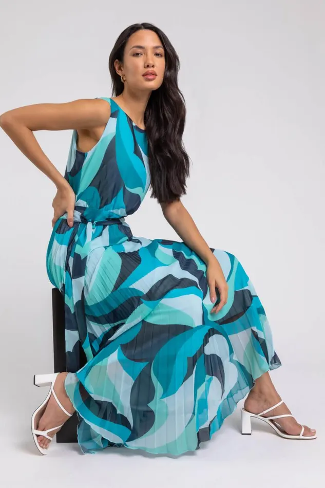 Turquoise Abstract Print Pleated Chiffon Maxi Dress Women Roman Dresses