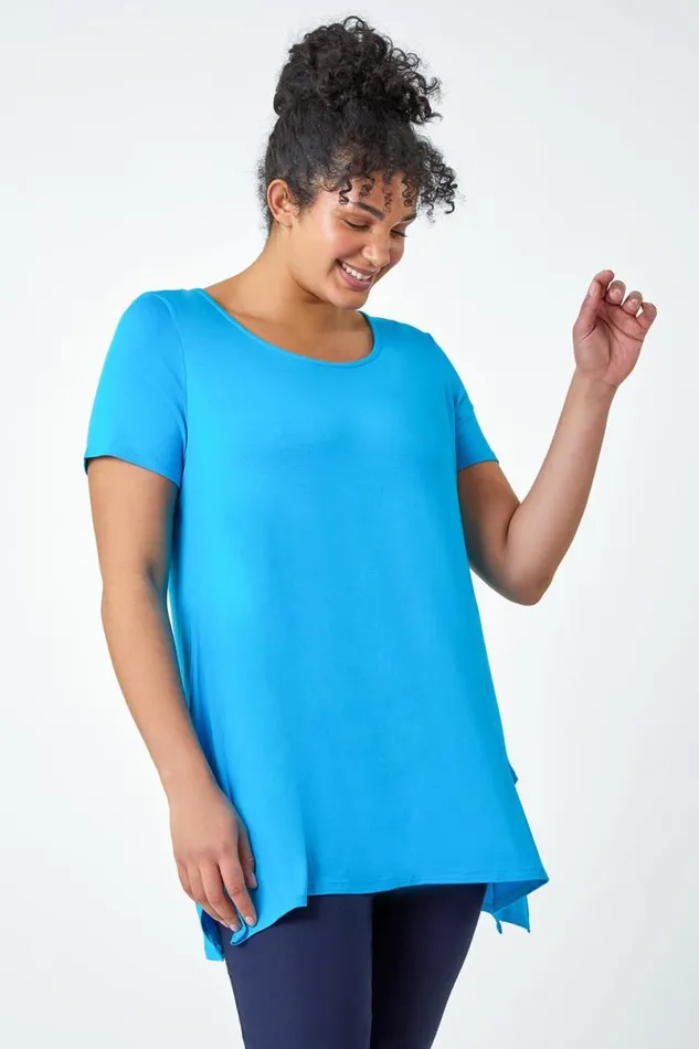 Turquoise Curve Plain Bar Back Stretch Top Women Roman Tops