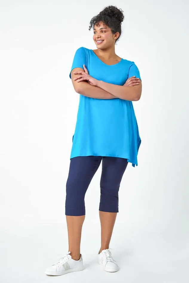 Turquoise Curve Plain Bar Back Stretch Top Women Roman Tops