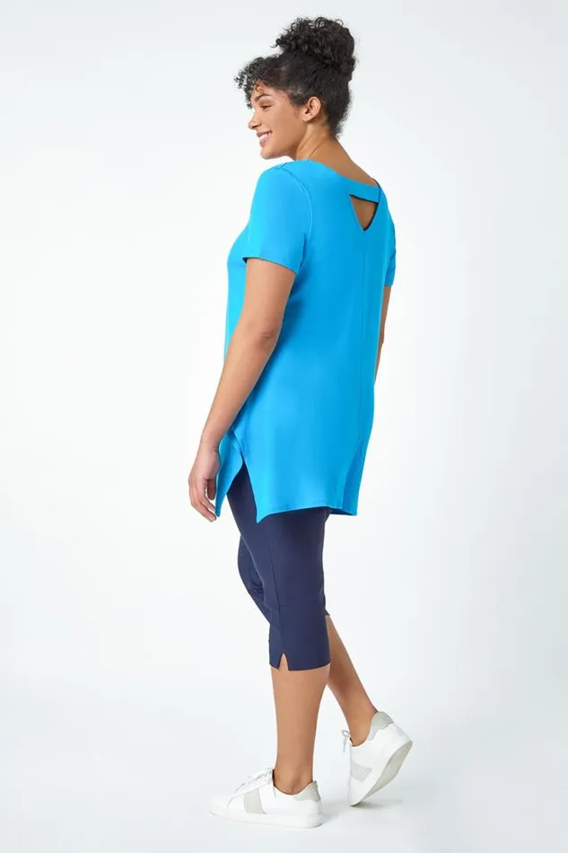 Turquoise Curve Plain Bar Back Stretch Top Women Roman Tops
