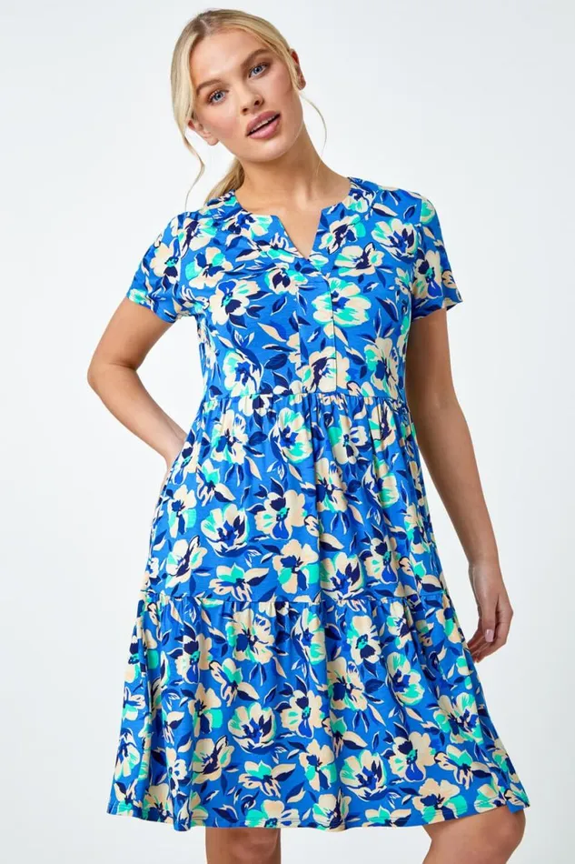 Turquoise Petite Tiered Floral Stretch TShirt Dress Women Roman Dresses