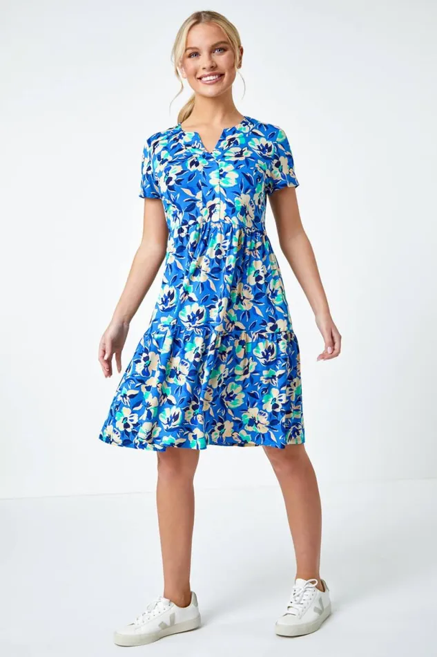 Turquoise Petite Tiered Floral Stretch TShirt Dress Women Roman Dresses