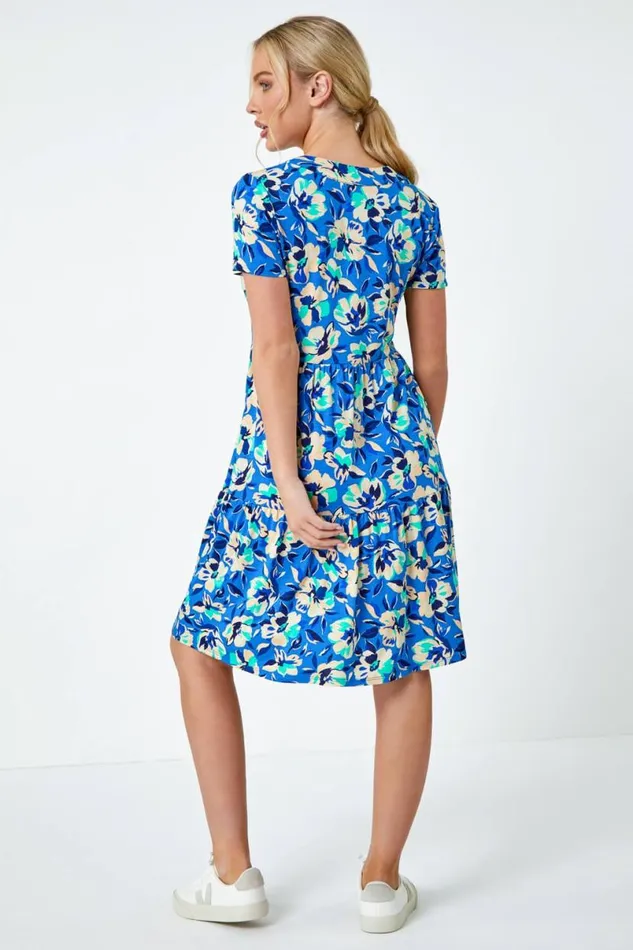 Turquoise Petite Tiered Floral Stretch TShirt Dress Women Roman Dresses