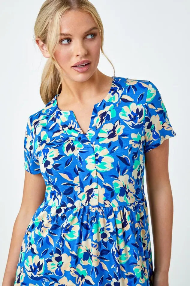Turquoise Petite Tiered Floral Stretch TShirt Dress Women Roman Dresses