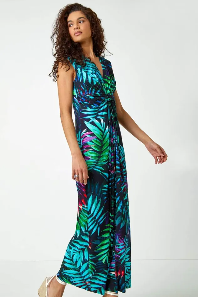 Turquoise Tropical Print Maxi Dress Women Roman Dresses
