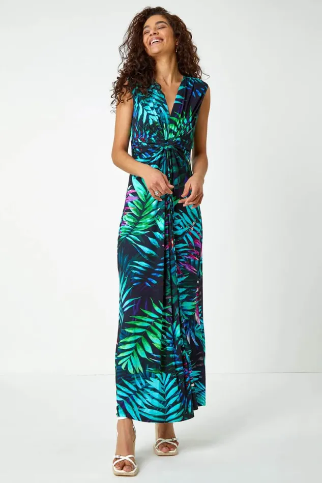 Turquoise Tropical Print Maxi Dress Women Roman Dresses