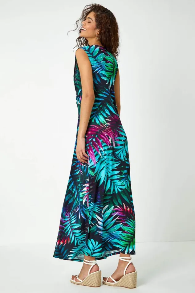 Turquoise Tropical Print Maxi Dress Women Roman Dresses