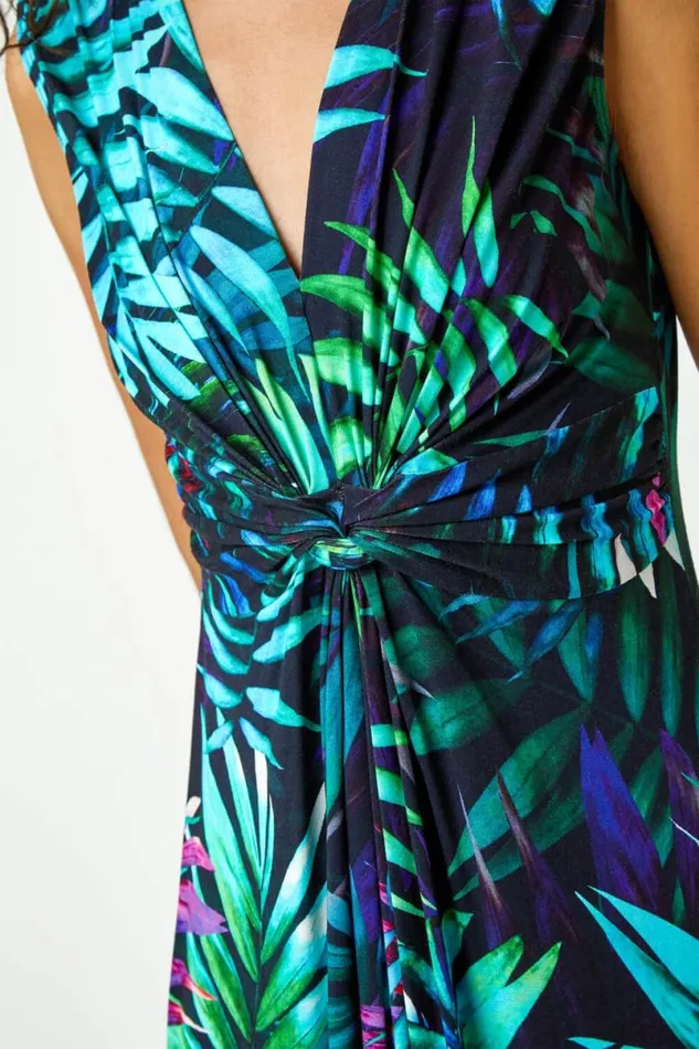 Turquoise Tropical Print Maxi Dress Women Roman Dresses