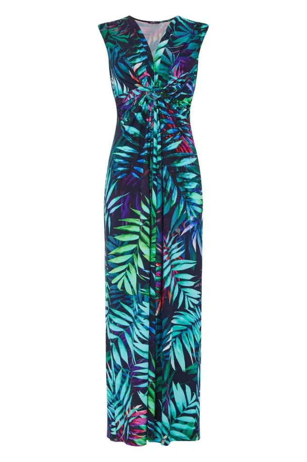 Turquoise Tropical Print Maxi Dress Women Roman Dresses