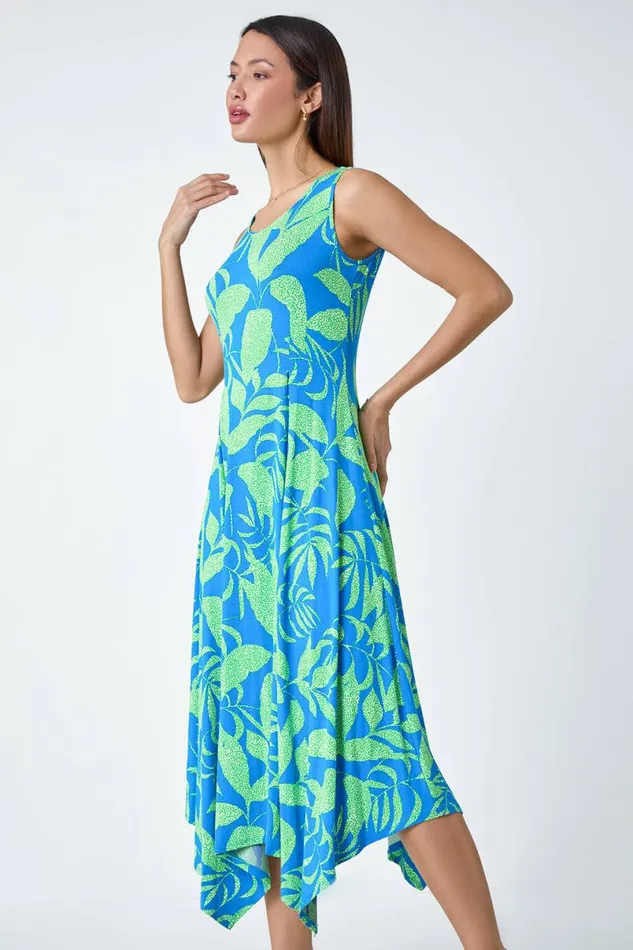 Turquoise Tropical Print Pleated Maxi Stretch Dress Women Roman Dresses