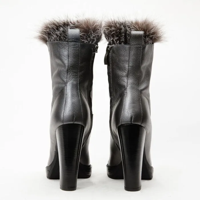 Vinci Leather Boots and Booties The Melo Grey Leather Natural Fur Mid Calf Platform Heel Boot 8211 Women