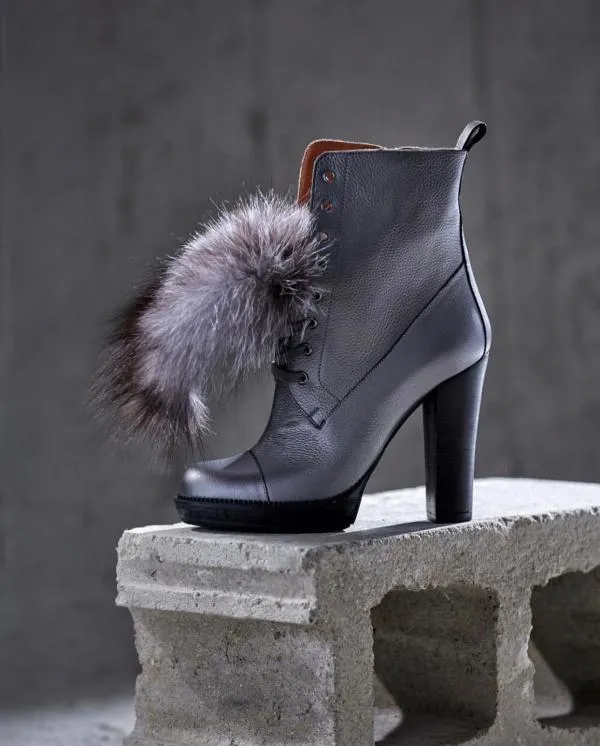 Vinci Leather Boots and Booties The Melo Grey Leather Natural Fur Mid Calf Platform Heel Boot 8211 Women
