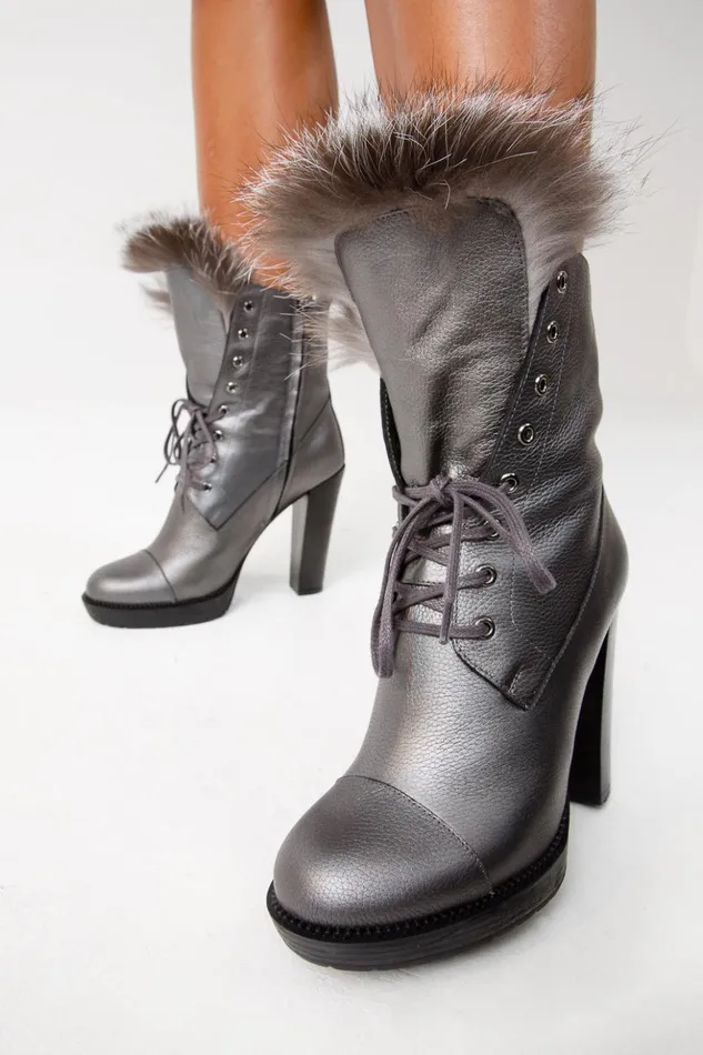 Vinci Leather Boots and Booties The Melo Grey Leather Natural Fur Mid Calf Platform Heel Boot 8211 Women